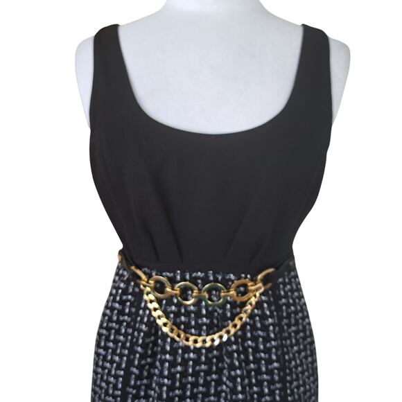 TIBI Gabrielle Tweed Scoop Neck Sleeveless Sheath Mini Dress XS Black Gold Chain - Picture 5 of 12